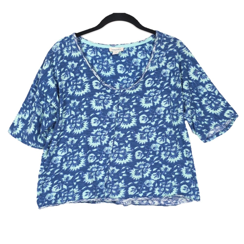 Sundance Women's Top MEDIUM Cotton Blue Floral Short Sleeve